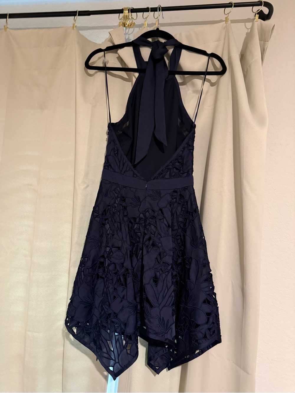 Ramy Brook Navy Floral Lace Halter Asymmetrical Dress